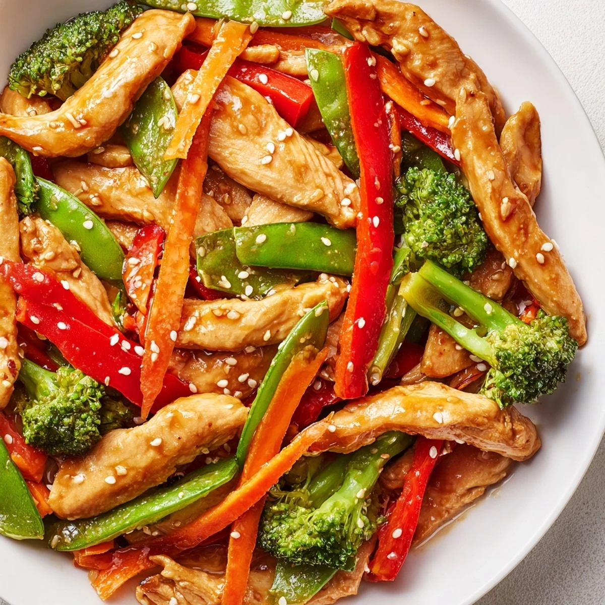 Tender sesame soy chicken stir fry topped with sesame seeds and fresh green onions
