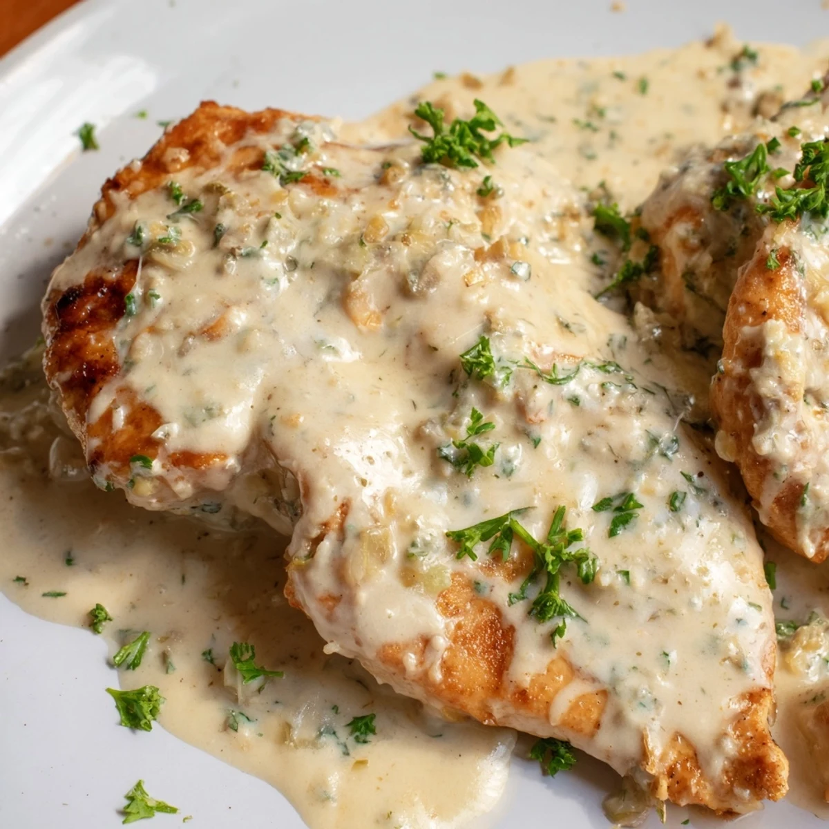 Creamy garlic chicken in golden skillet with rich white Parmesan sauce and fresh parsley garnish