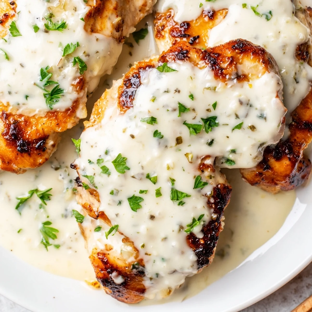 Tender creamy garlic chicken breasts smothered in velvety sauce on white plate with herbs