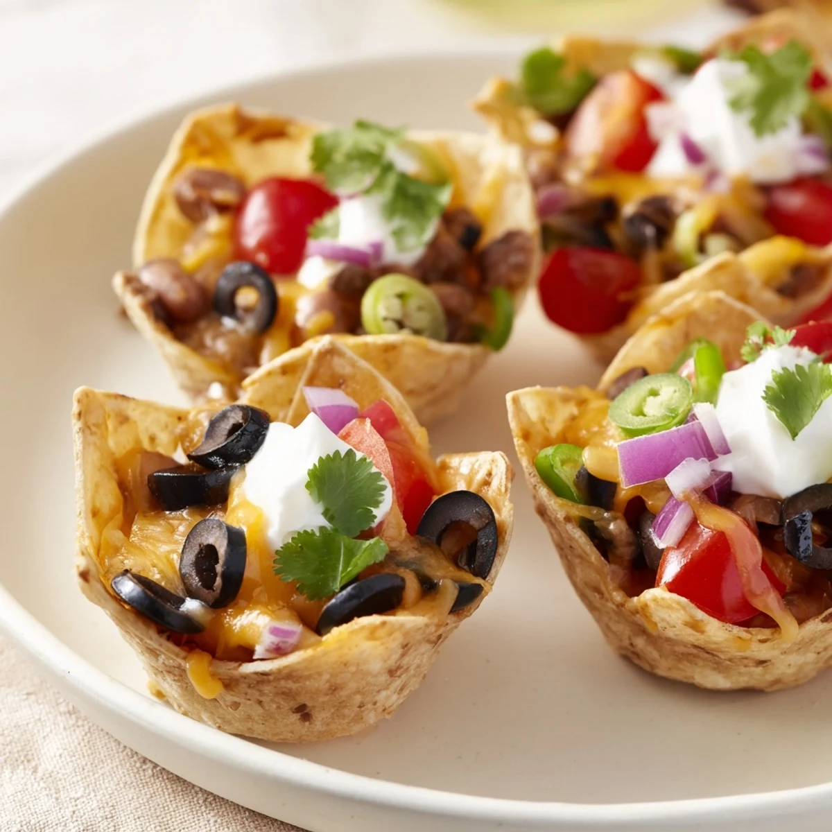 Crispy tortilla cups filled with melted cheddar and colorful nacho toppings ready for serving