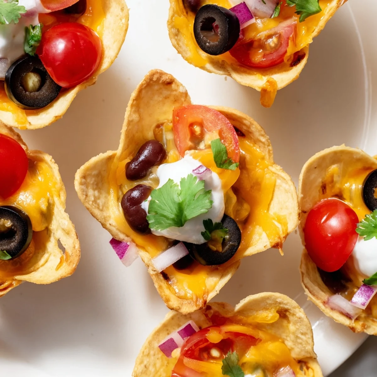 Golden cheesy nacho cups bubbling with beans tomatoes jalapeños and cool sour cream dollops