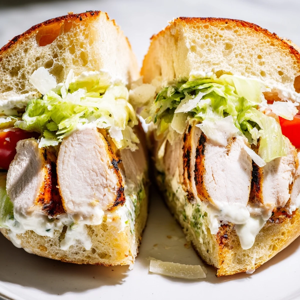 Golden grilled chicken Caesar sandwich piled high with crisp romaine on toasted ciabatta