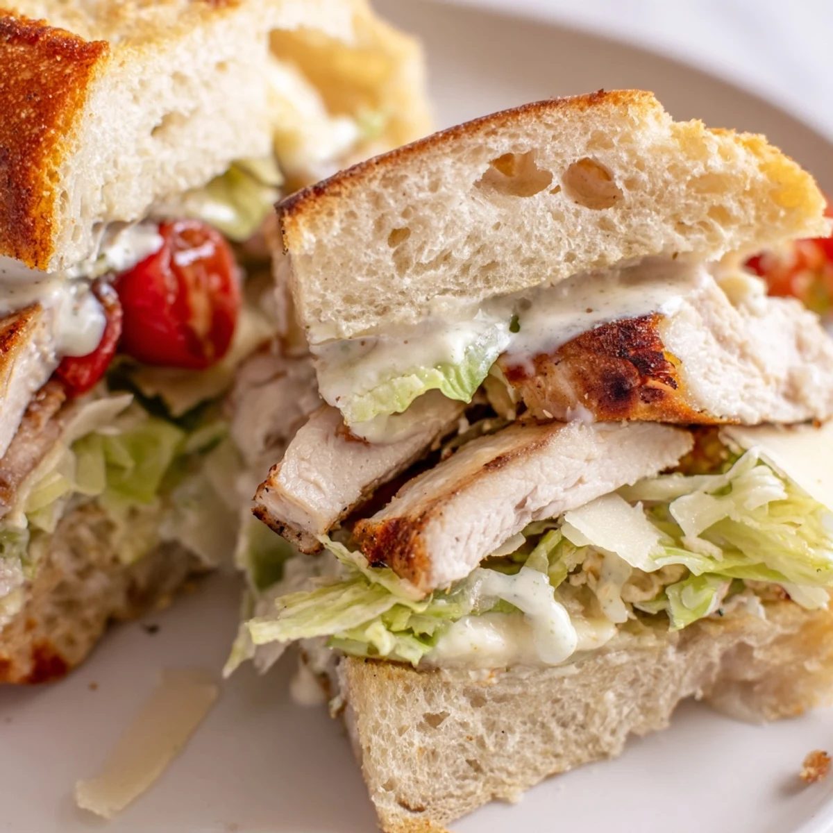Juicy sliced chicken Caesar sandwich with creamy dressing and shaved Parmesan on crusty bread