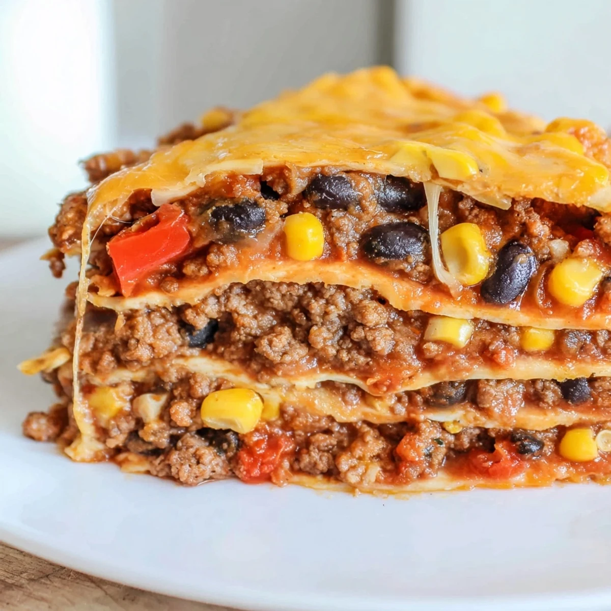 Layers of spiced ground beef and cheese in this Mexican lasagna casserole