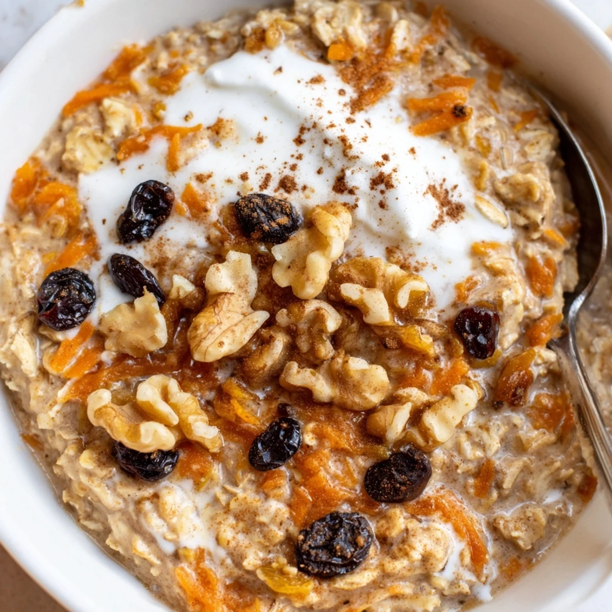Carrot cake overnight oats with grated carrots and raisins in a creamy bowl