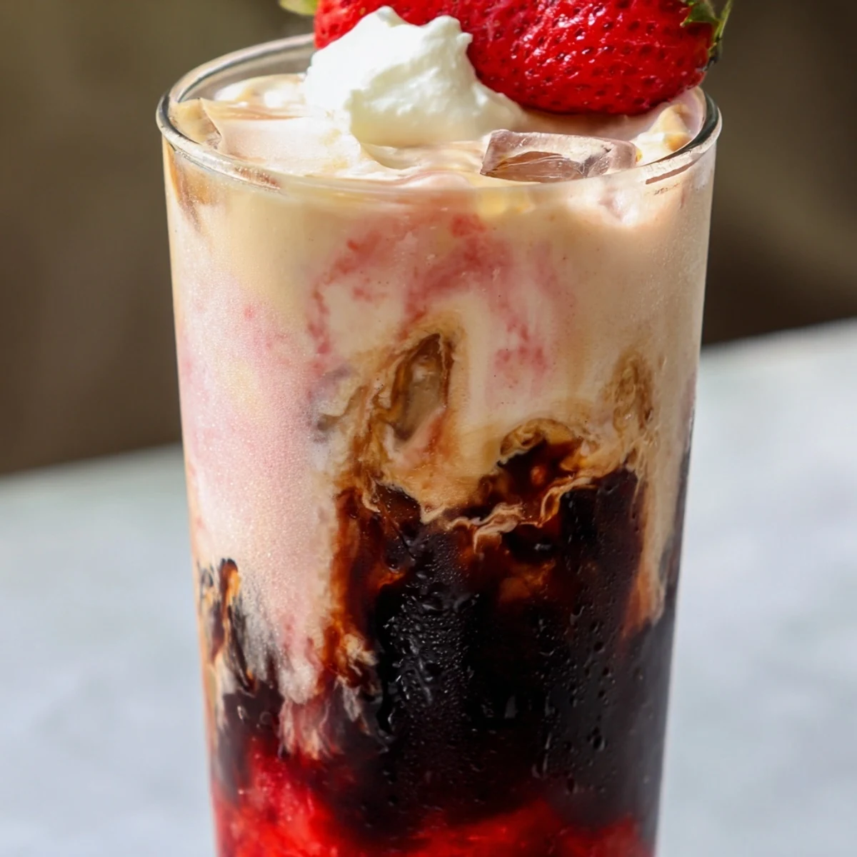 Creamy strawberry cold latte in a tall glass with ice and fresh berry garnish