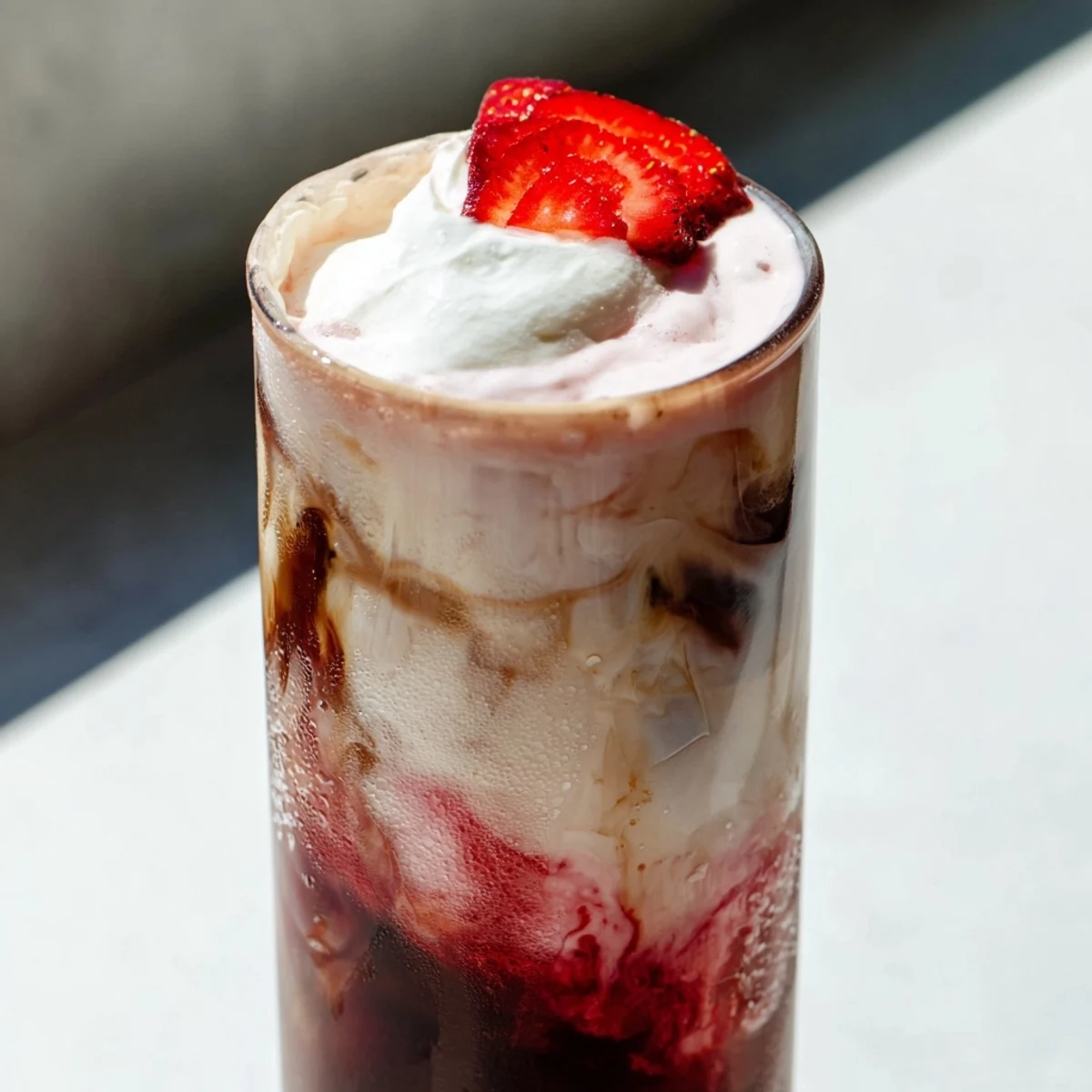 Strawberry cold latte with swirled pink cream and espresso layers over cracked ice