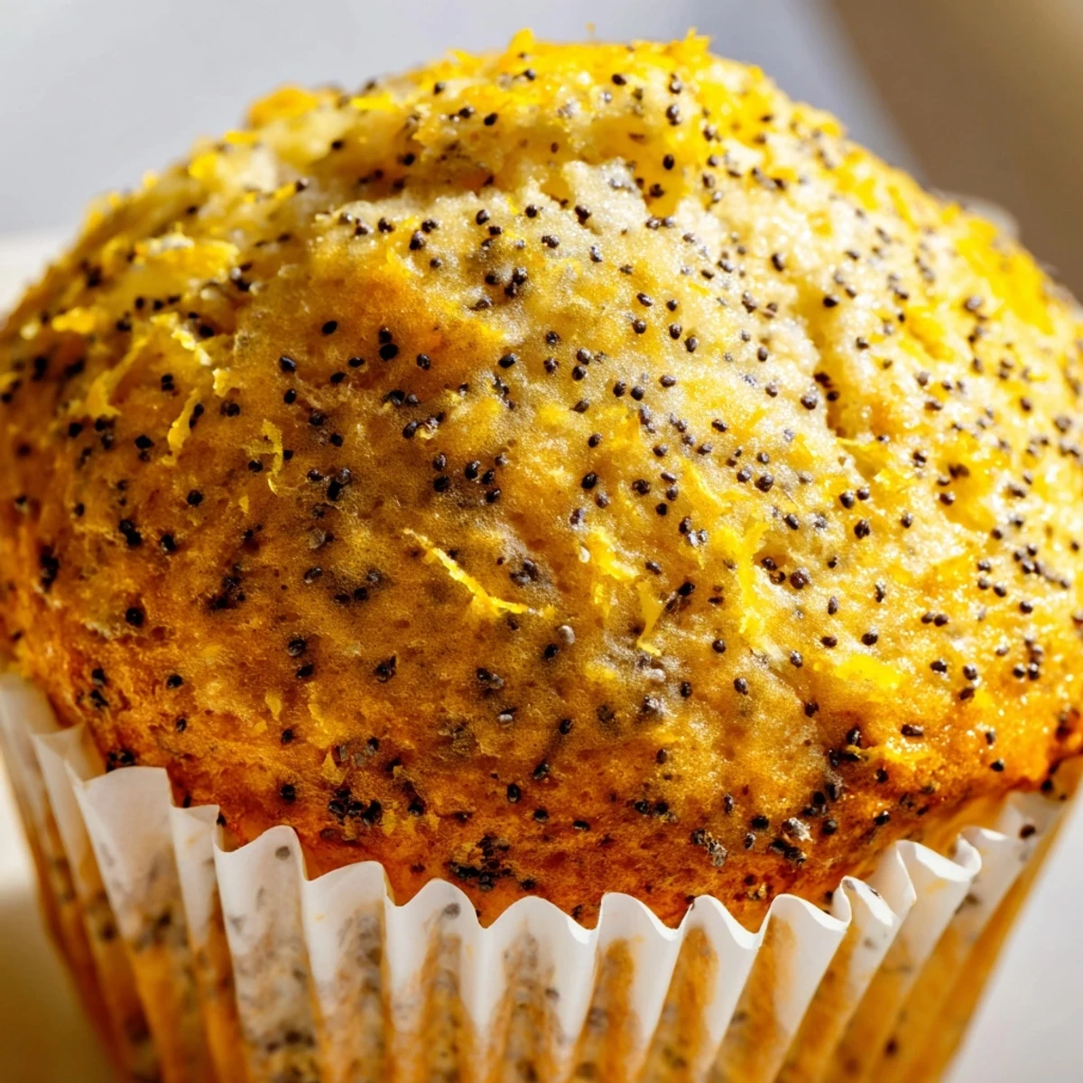 Golden lemon poppy seed muffins with domed tops rest on a wire cooling rack