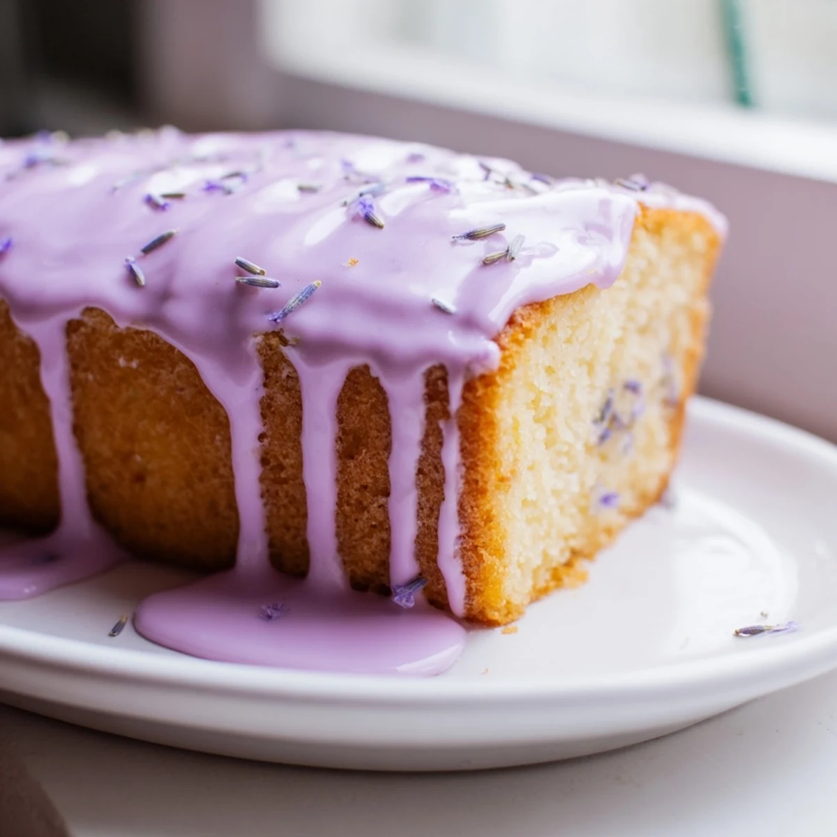 Smooth lavender glaze drizzled over a golden pound cake with elegant floral sweetness