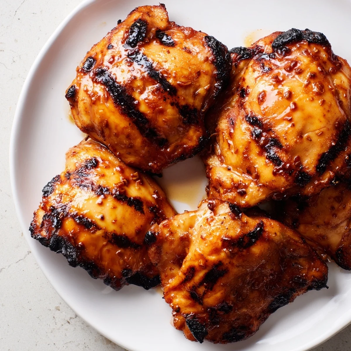 Golden chicken thighs with caramelized marinade resting on a white serving platter