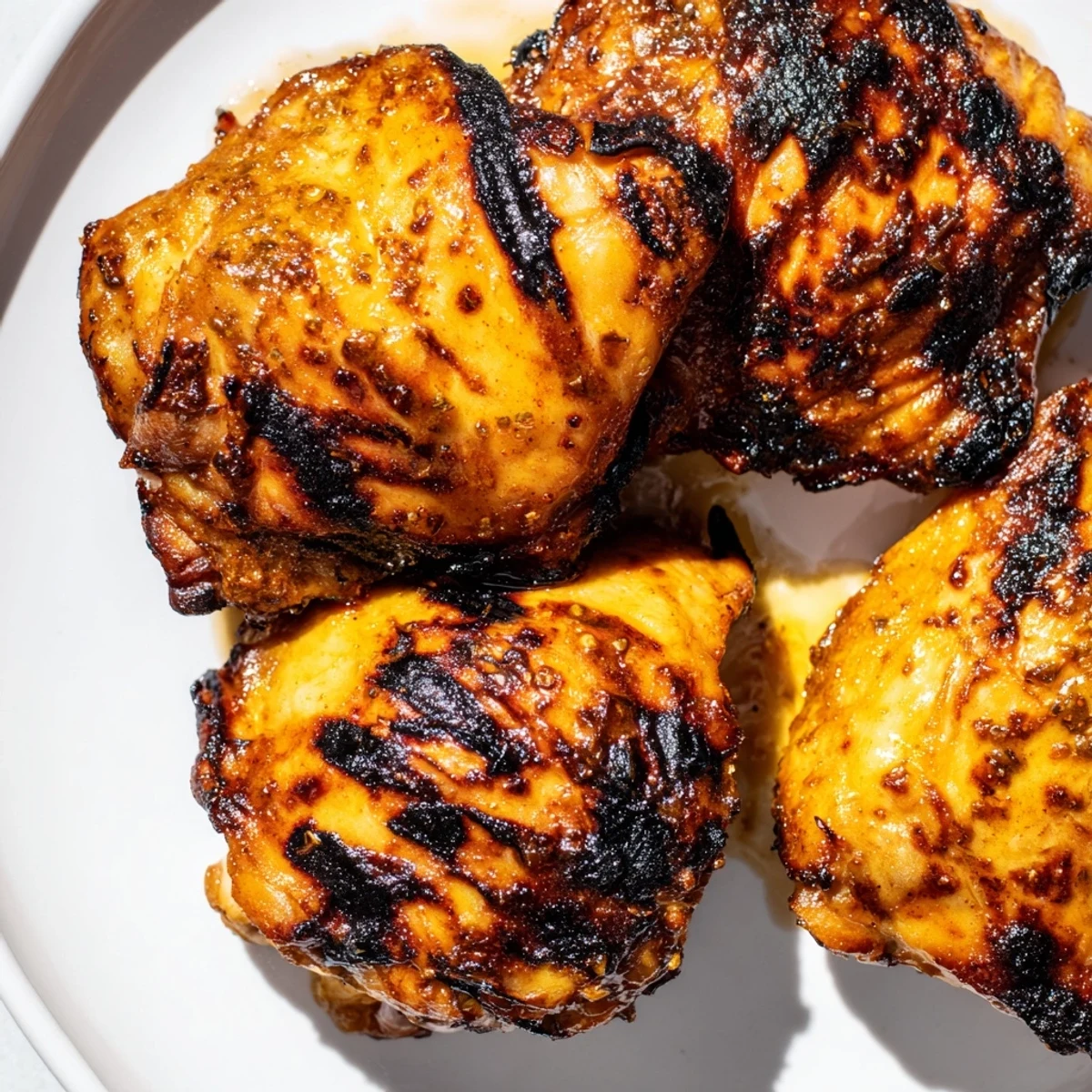 Crispy skinned chicken thighs glistening with smoky honey soy glaze fresh from grill