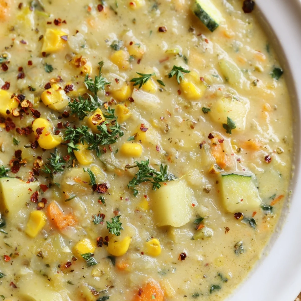Steaming bowl of hearty potato corn zucchini soup garnished with fresh parsley