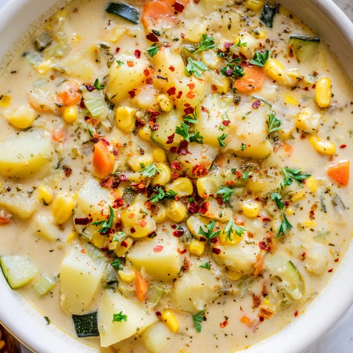 Creamy hearty potato corn zucchini soup with tender vegetables in white bowl