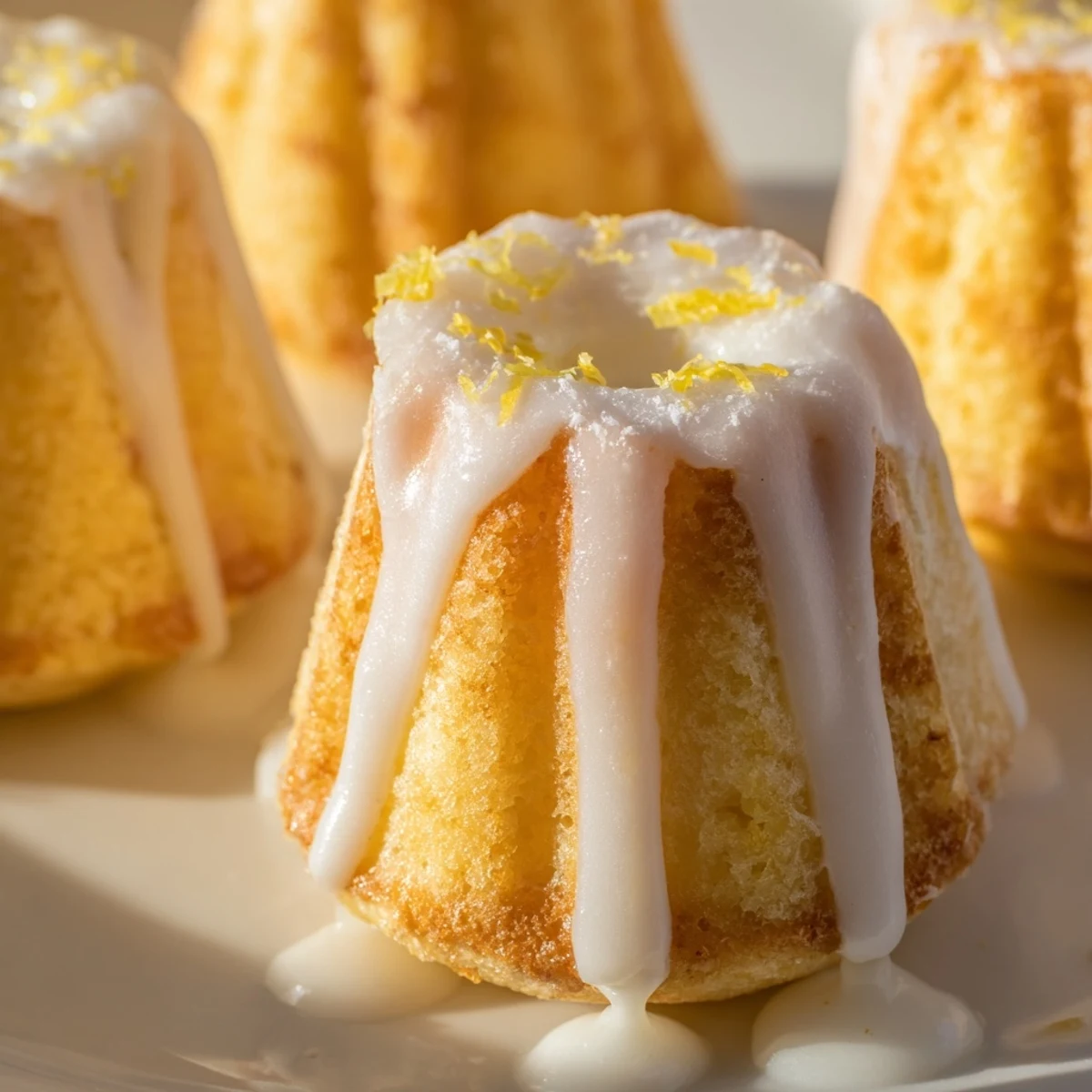 Golden mini lemon cakes drizzled with tangy glaze on a white serving plate