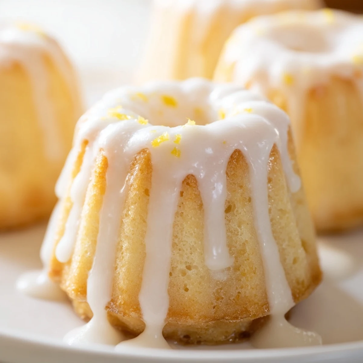 Moist mini lemon cakes topped with powdered sugar glaze and fresh zest