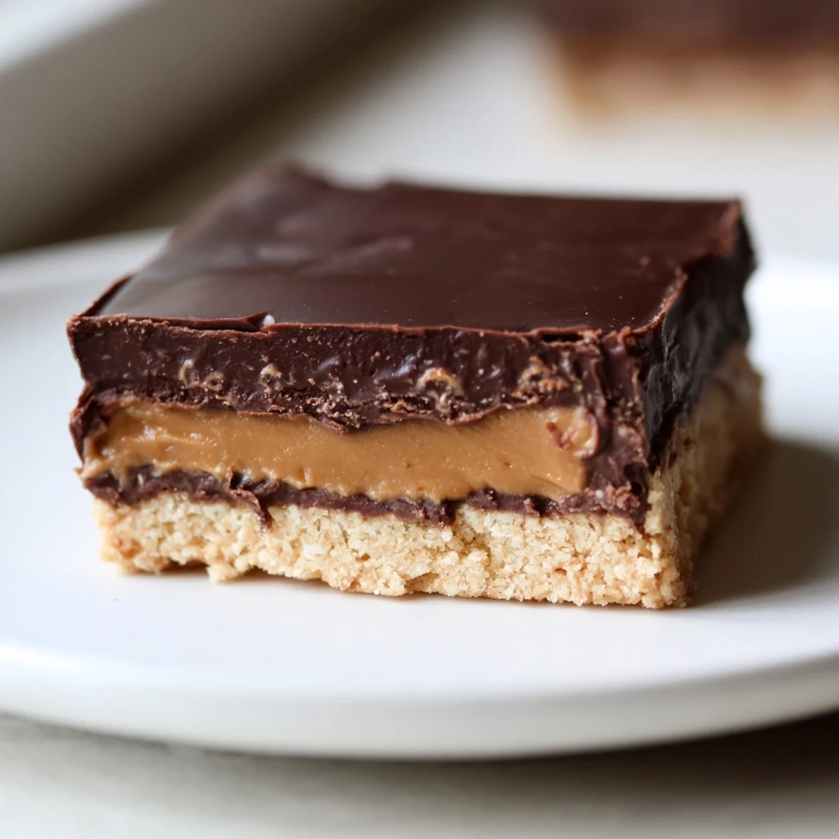 Healthy Twix Bars with golden caramel layer and dark chocolate coating on rustic wooden board