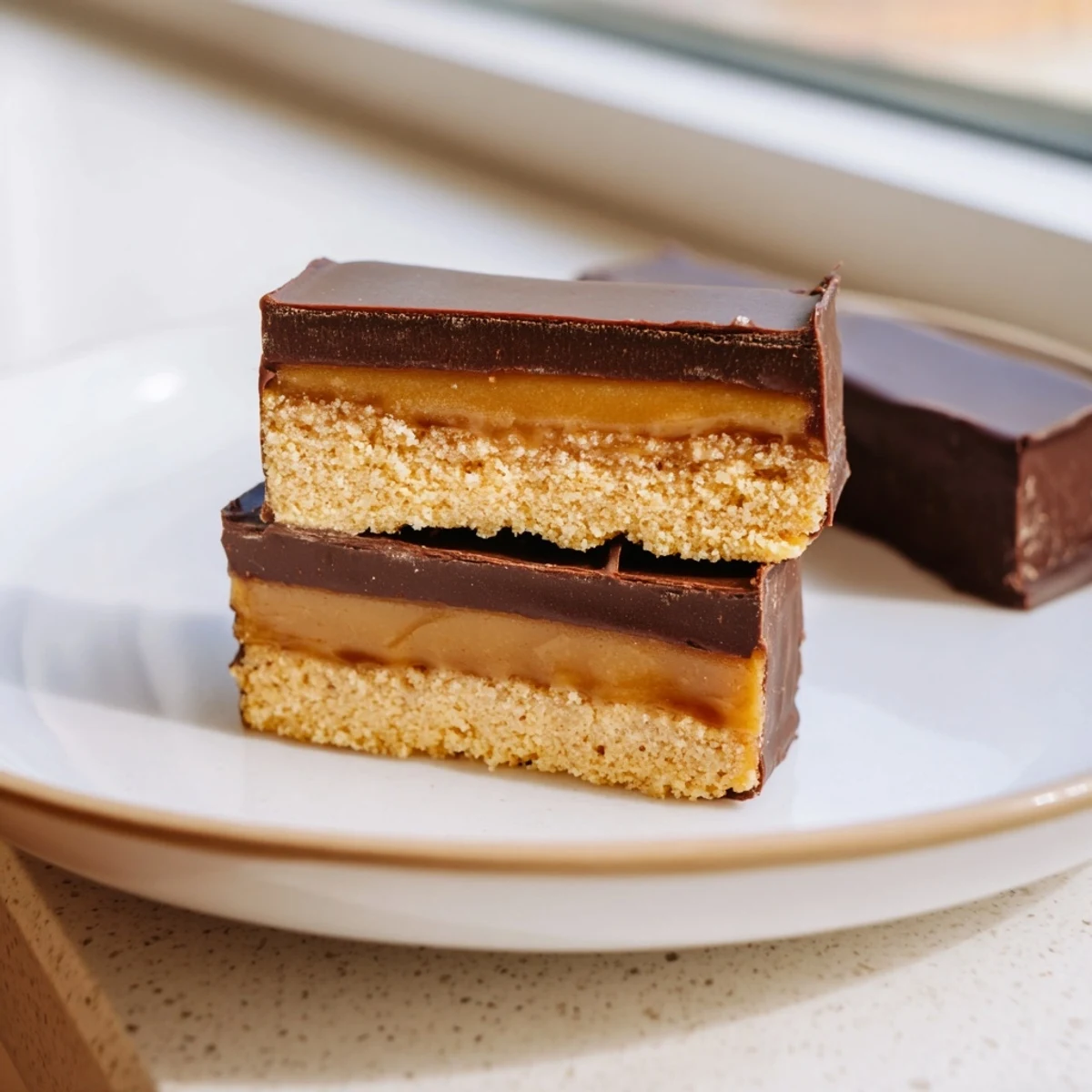 Homemade Healthy Twix Bars sliced to reveal nutty crust and silky date caramel filling