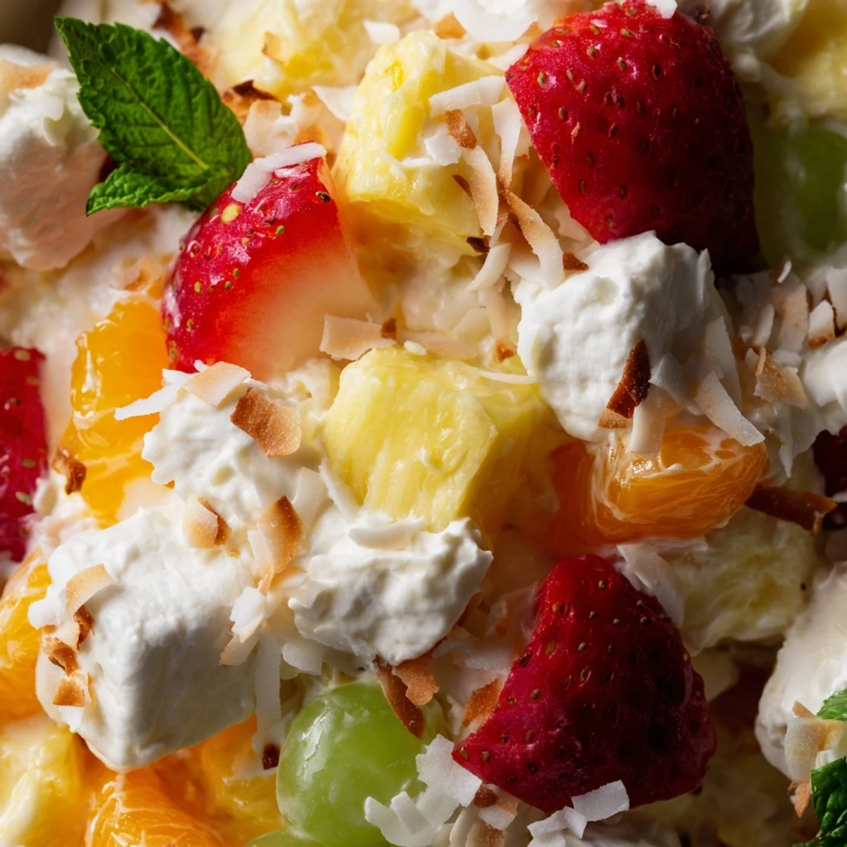 Creamy Hawaiian Cheesecake Salad topped with toasted coconut and fresh mint garnish
