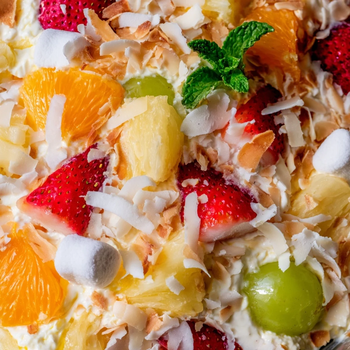 Vibrant Hawaiian Cheesecake Salad featuring juicy pineapple, strawberries, and mandarin oranges tossed together