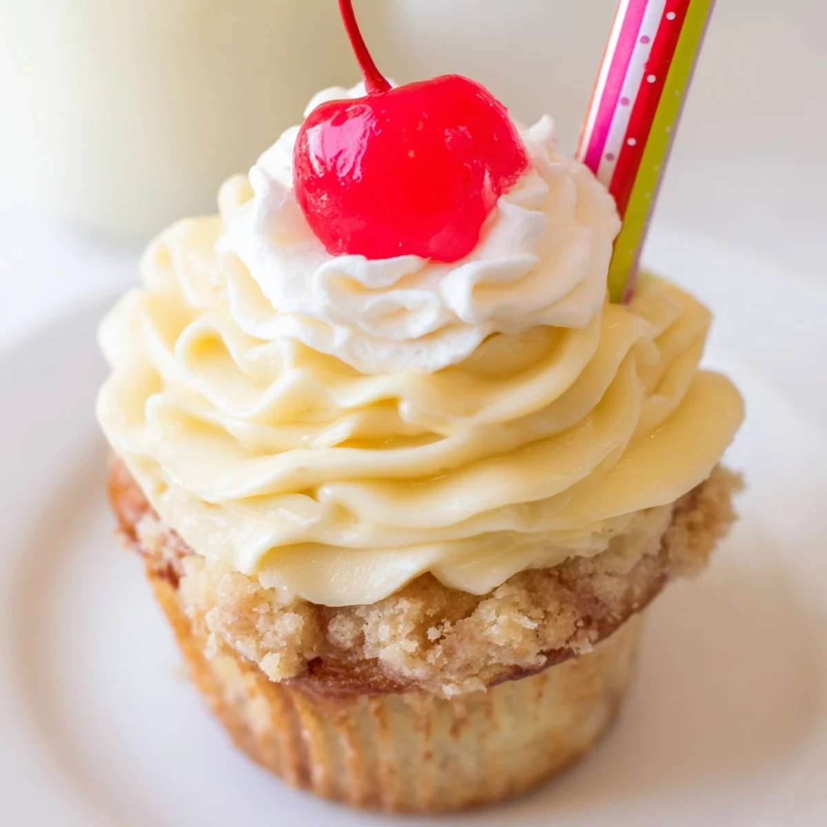 Golden banana milkshake cupcakes topped with creamy swirled frosting and bright red cherries