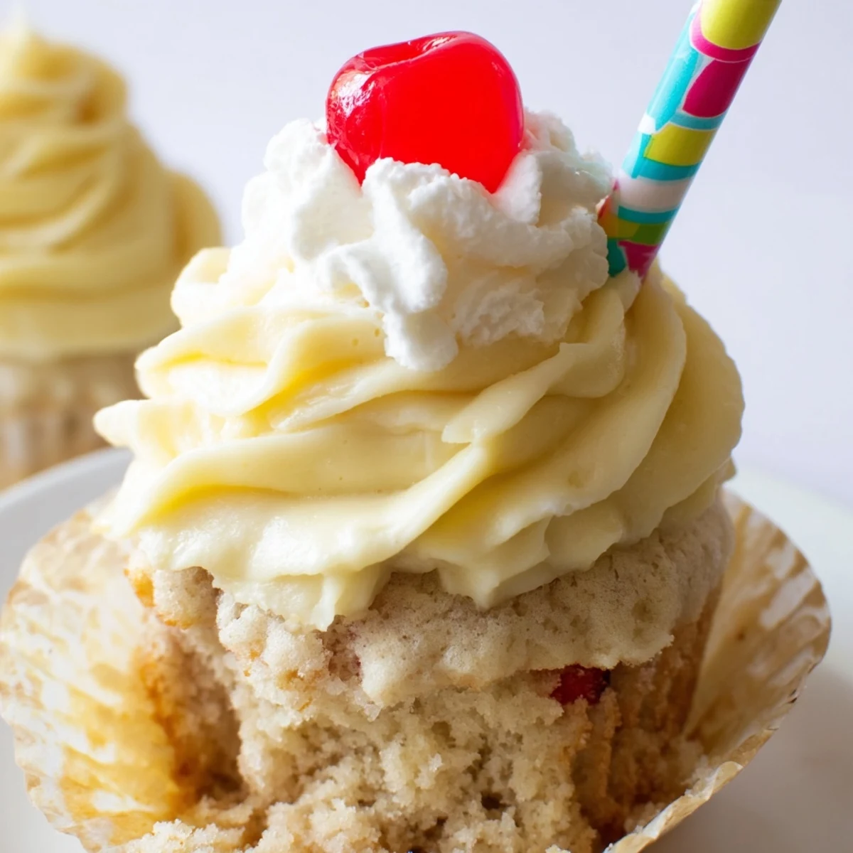 Moist banana milkshake cupcakes with fluffy vanilla frosting piped high on golden cake