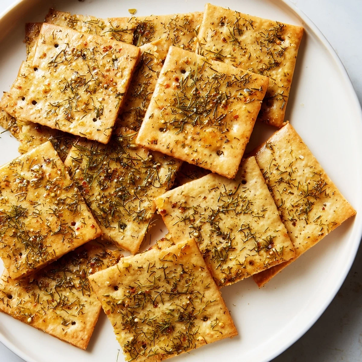 Tangy dill pickle saltines coated in garlicky butter arranged on a rustic serving board