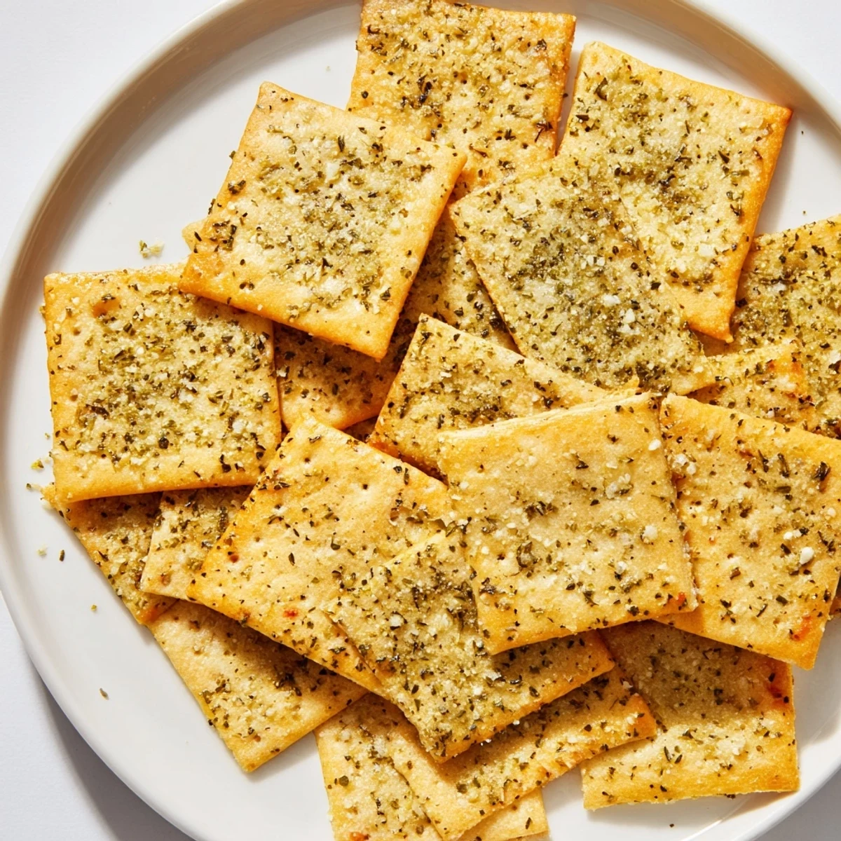 Crispy dill pickle saltines baked golden with herb flecks on a parchment-lined sheet