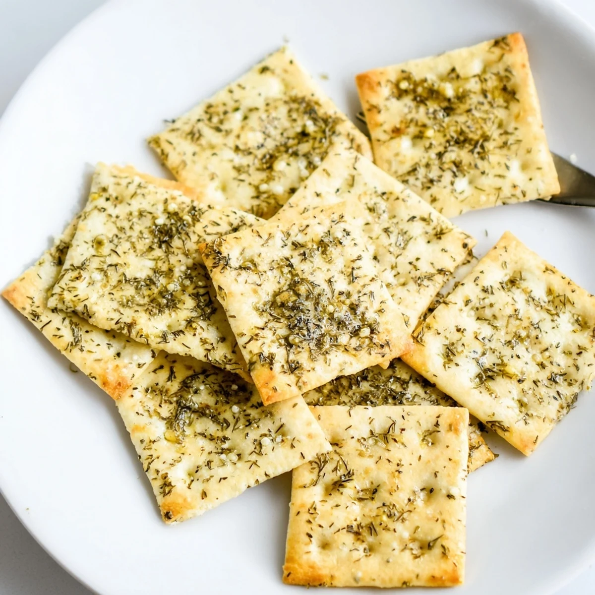 Savory dill pickle saltines stacked in a bowl with fresh dill sprigs for snacking
