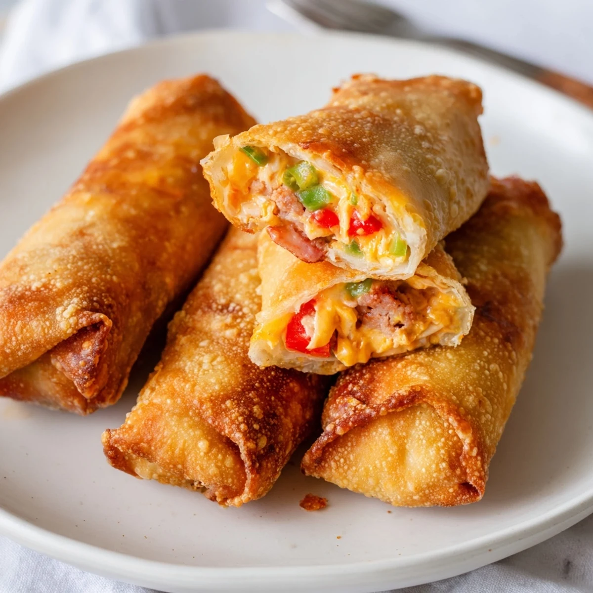 Golden crispy voodoo egg rolls stacked on a rustic wooden serving board