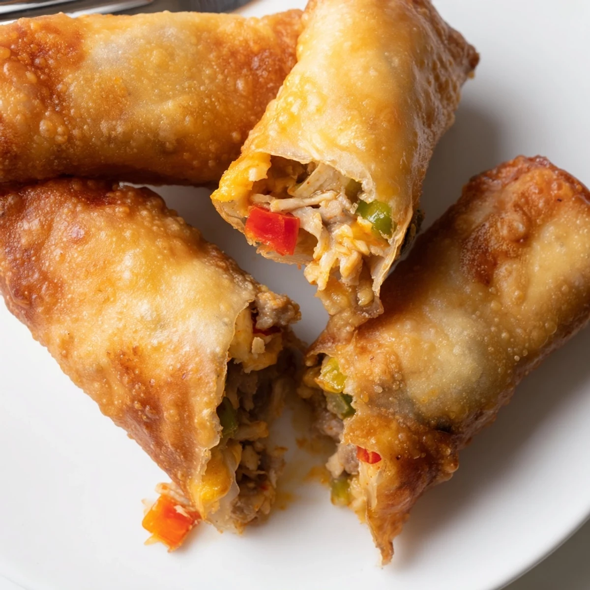 Crispy voodoo egg rolls with spicy Cajun filling drizzled with remoulade sauce