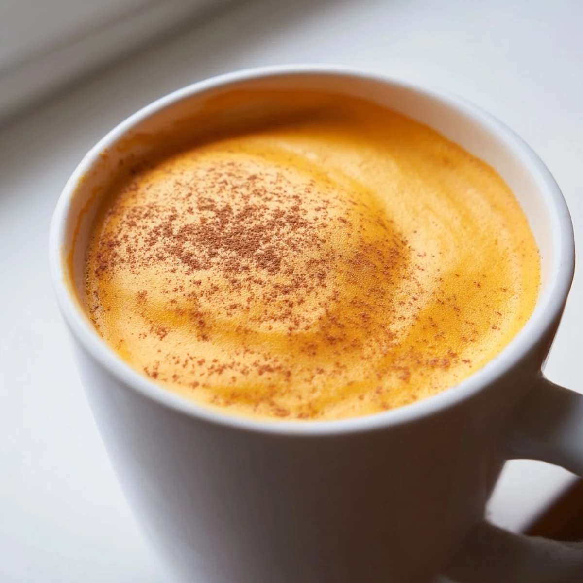 Creamy Goguma Latte in a mug topped with a dusting of warm cinnamon