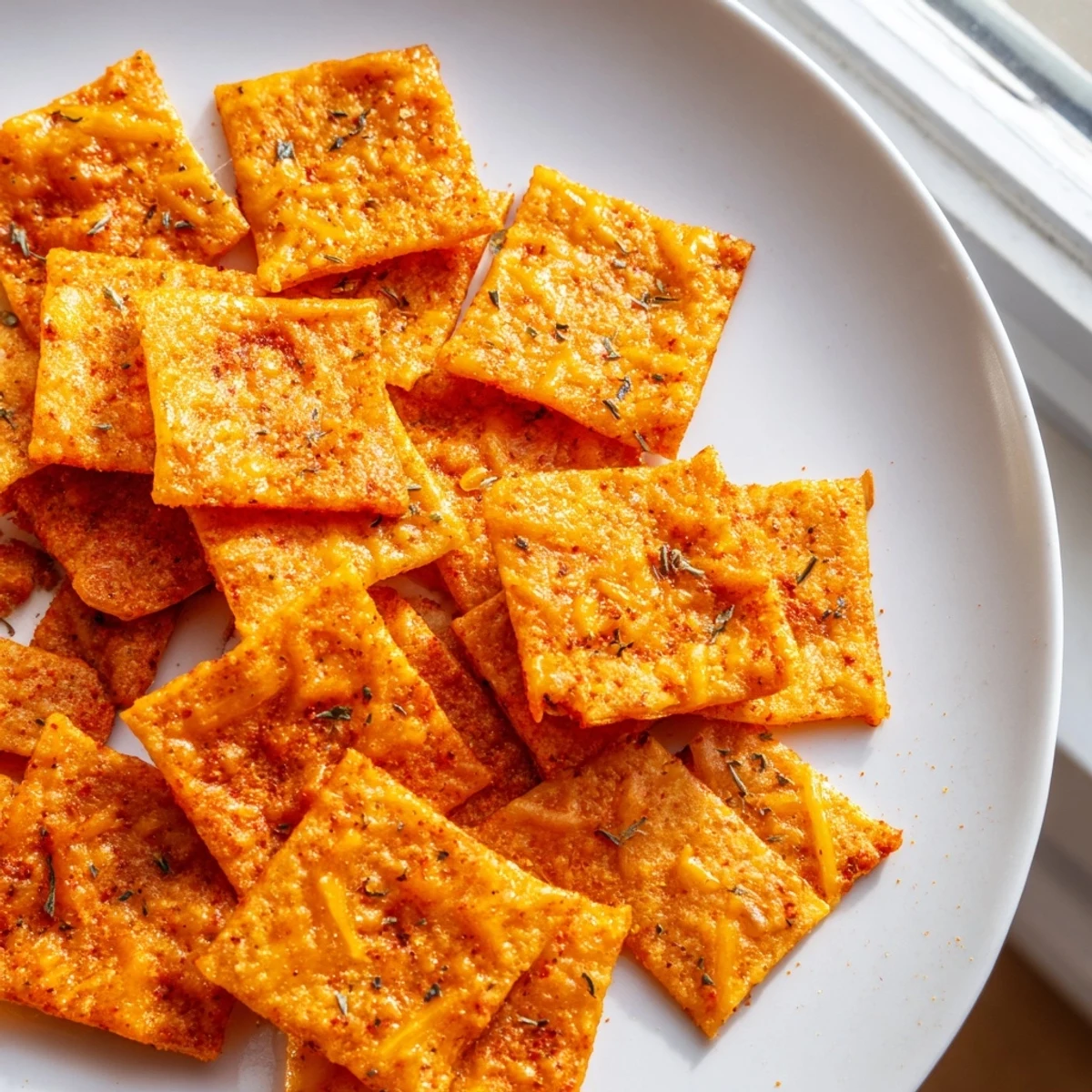Golden taco crackers sprinkled with melted cheddar and oregano on a baking sheet
