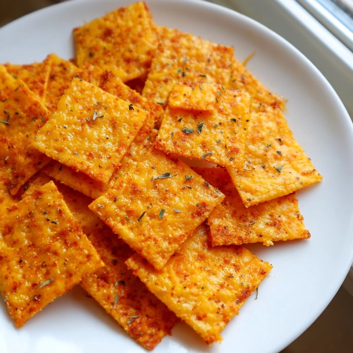 Crunchy baked taco crackers arranged in a bowl alongside fresh guacamole dip