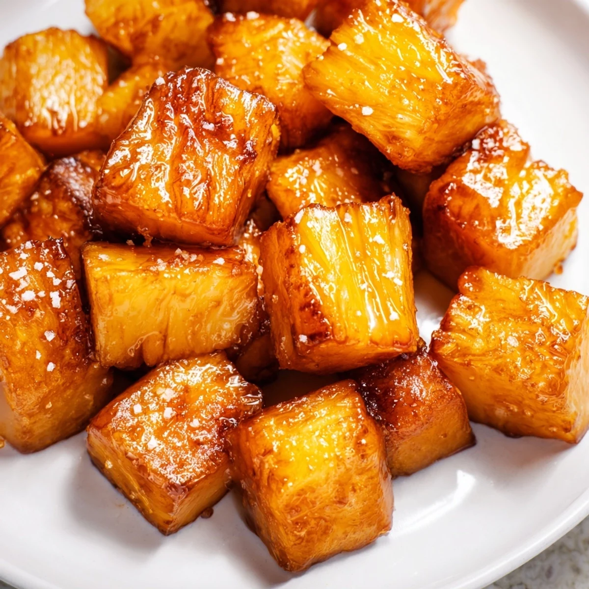 Golden caramelized air fryer pineapple chunks sprinkled with cinnamon on a rustic plate