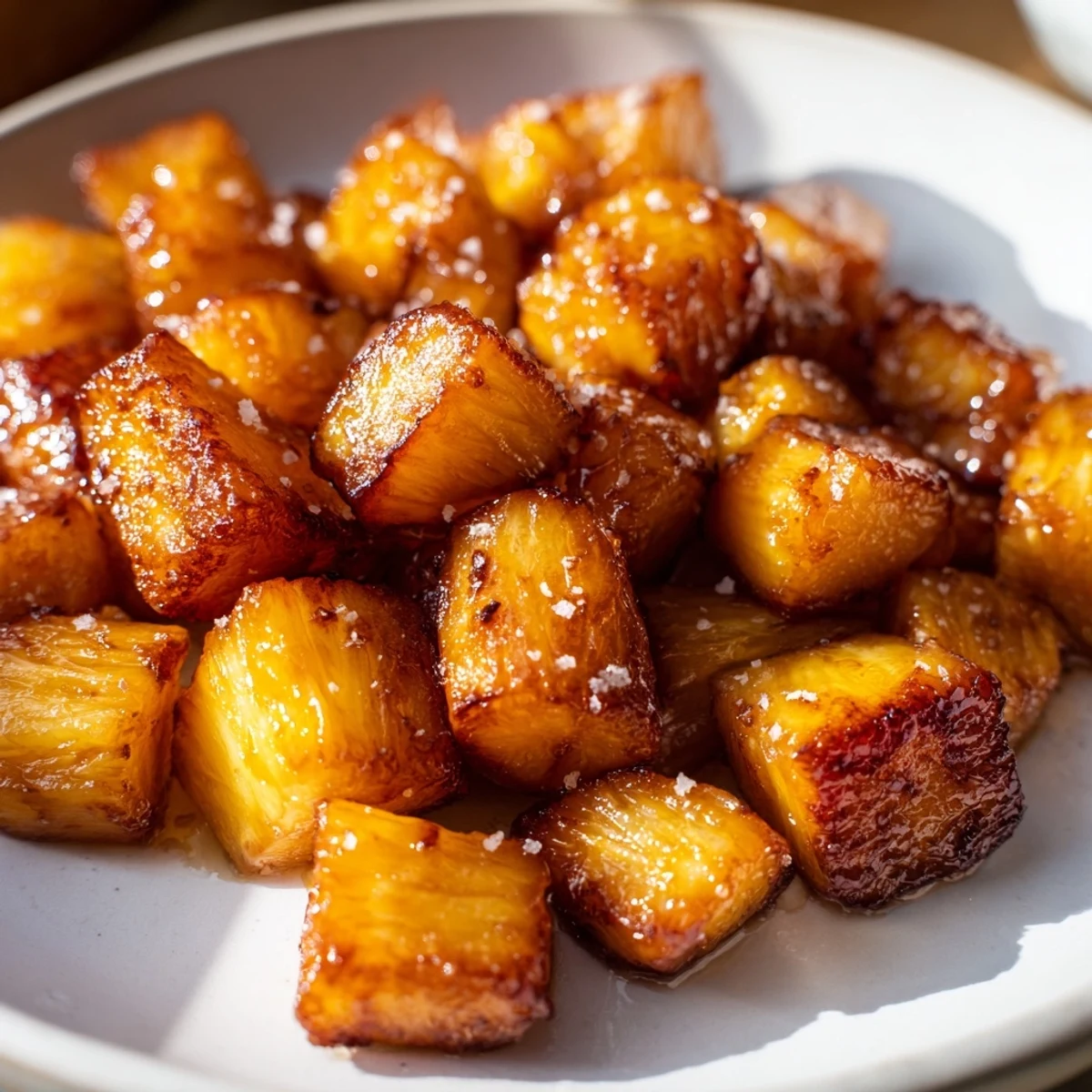 Sweet air fryer pineapple chunks served warm over creamy yogurt in a bowl