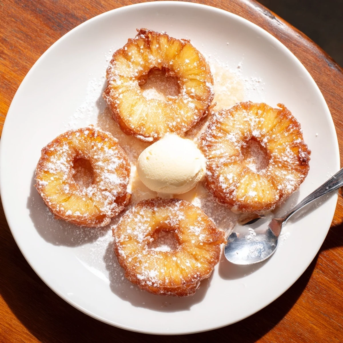 Battered fried pineapple rings drizzled with caramel sauce beside vanilla ice cream