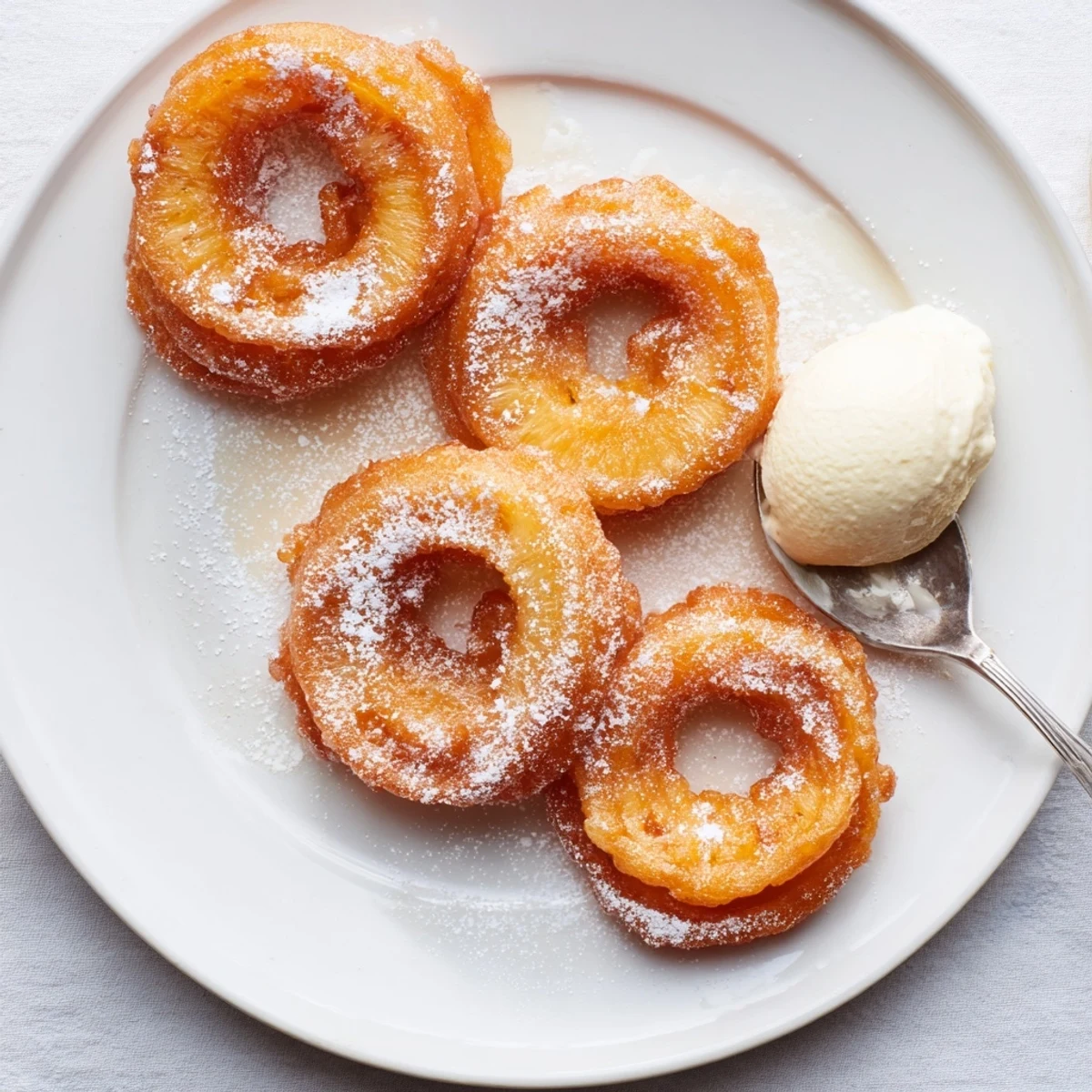 Crispy golden fried pineapple rings dusted with powdered sugar on a rustic plate