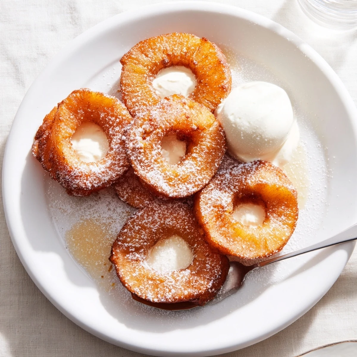Light and crunchy fried pineapple rings stacked on parchment ready for serving