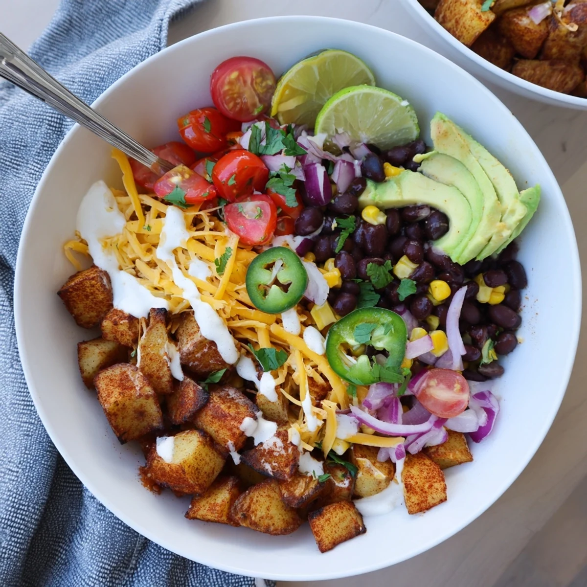 Crispy roasted potatoes piled high with Tex-Mex toppings in these loaded fiesta potato bowls