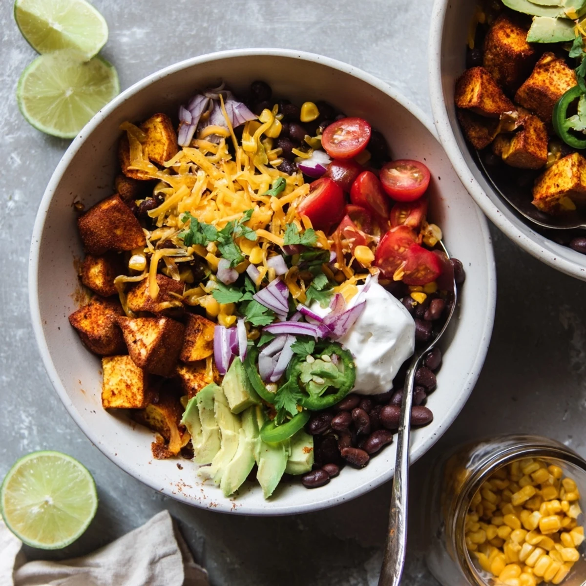 Steamy loaded fiesta potato bowls topped with melted cheddar, fresh avocado, and a lime wedge