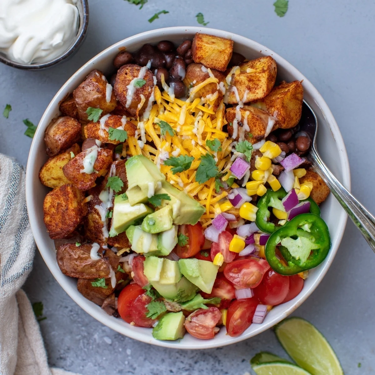 Golden spiced potatoes nestled beside zesty black beans in colorful loaded fiesta potato bowls