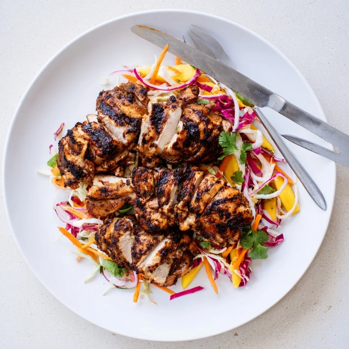 Charred spicy jerk chicken sliced over a bright, crunchy mango slaw