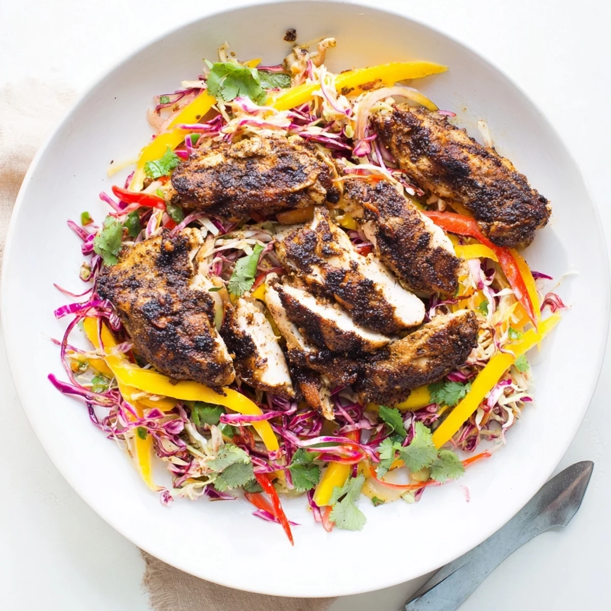 Smoky grilled jerk chicken thighs resting beside sweet tangy mango slaw