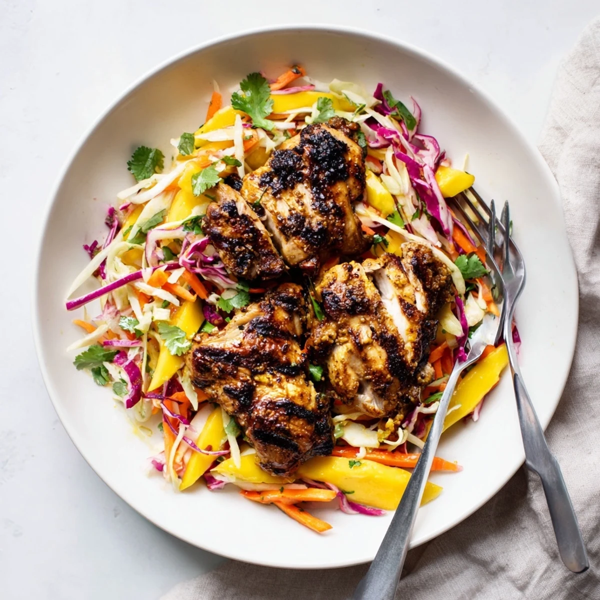Sliced spicy jerk chicken plated on crisp red cabbage mango slaw