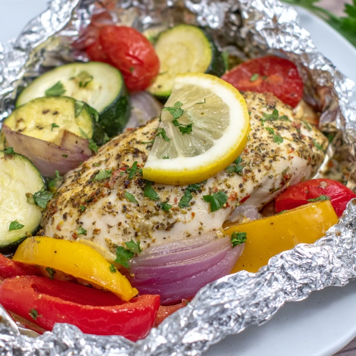 Juicy chicken foil packets recipe with tender roasted vegetables and fresh lemon wedges