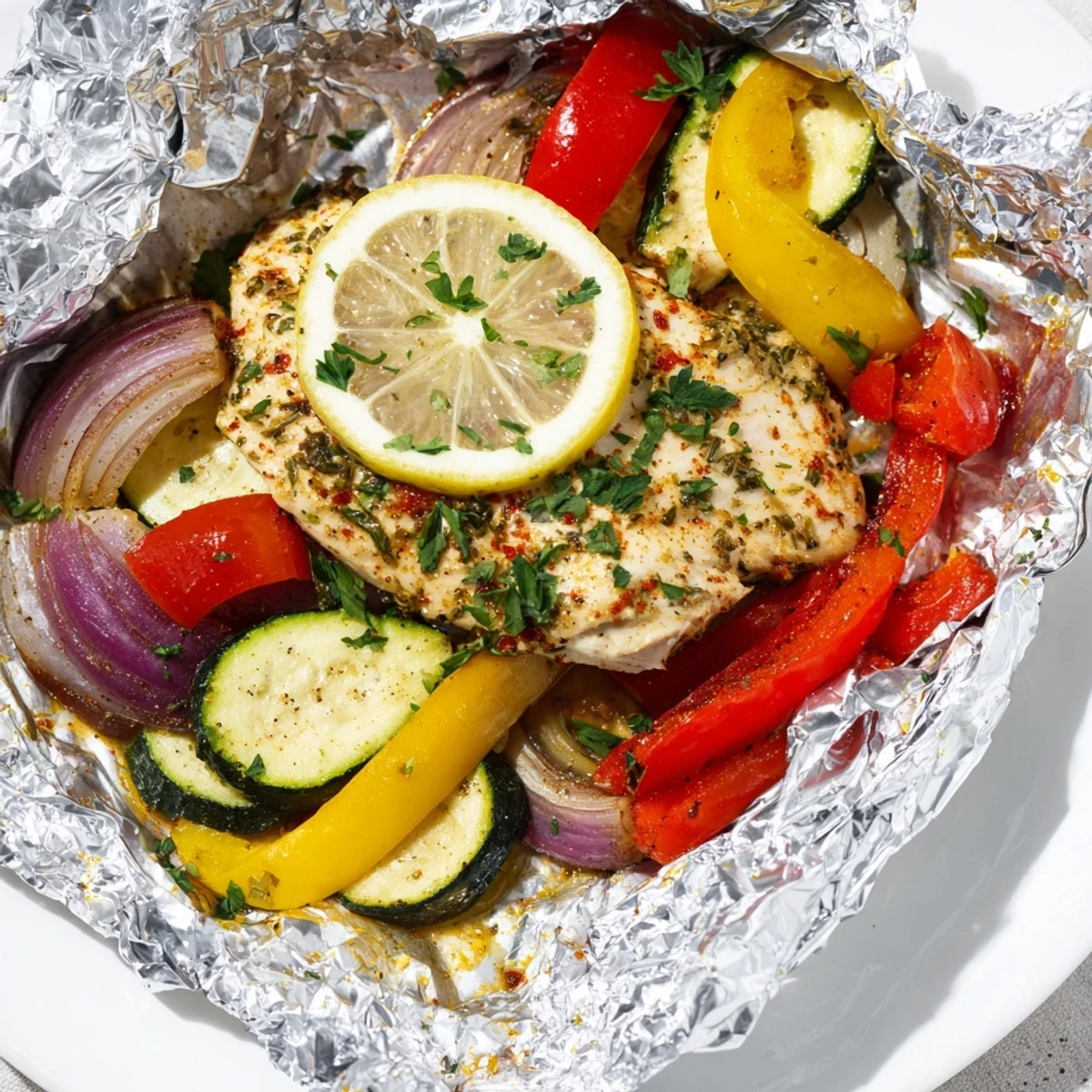 Golden chicken foil packets recipe steaming open to reveal colorful bell peppers and squash