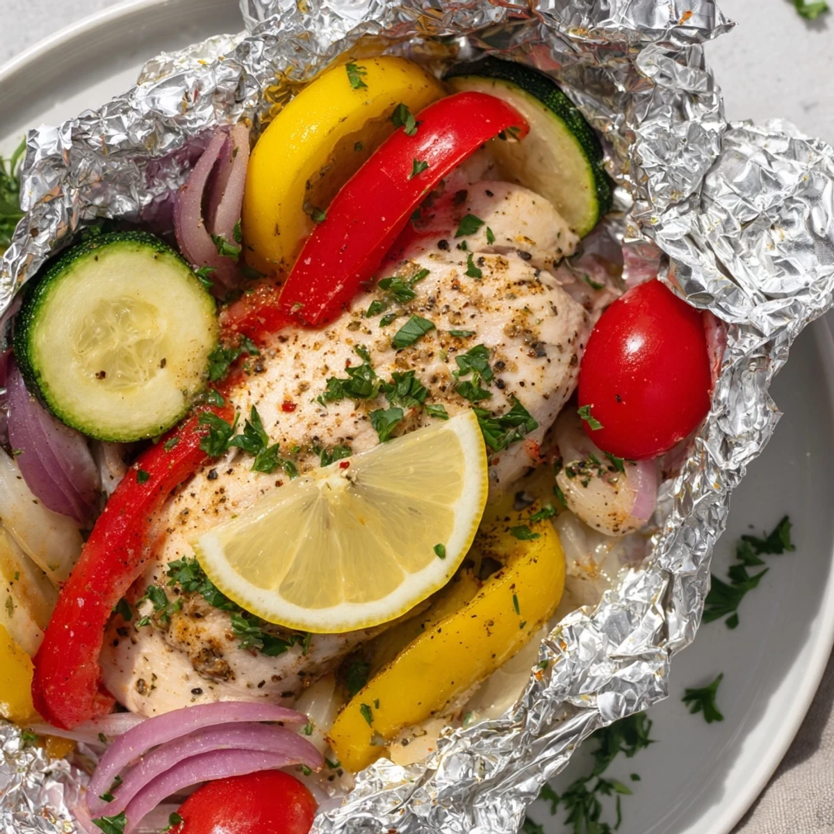 Herb-seasoned chicken foil packets recipe served hot with parsley garnish on a baking sheet