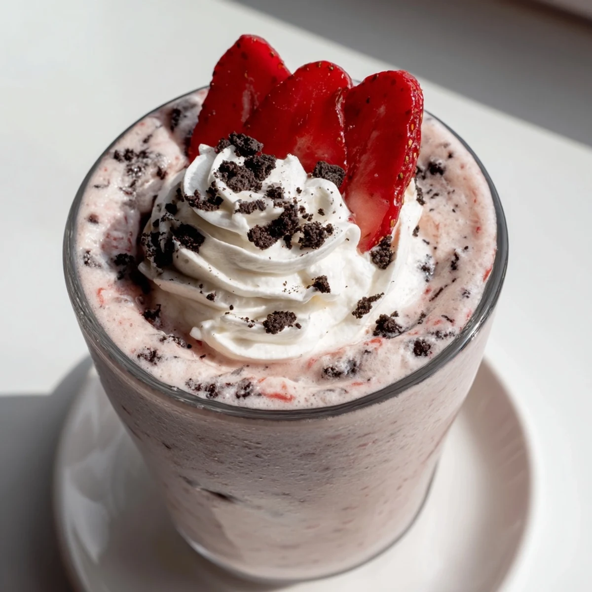 Thick pink strawberry Oreo milkshake topped with whipped cream and crushed cookies