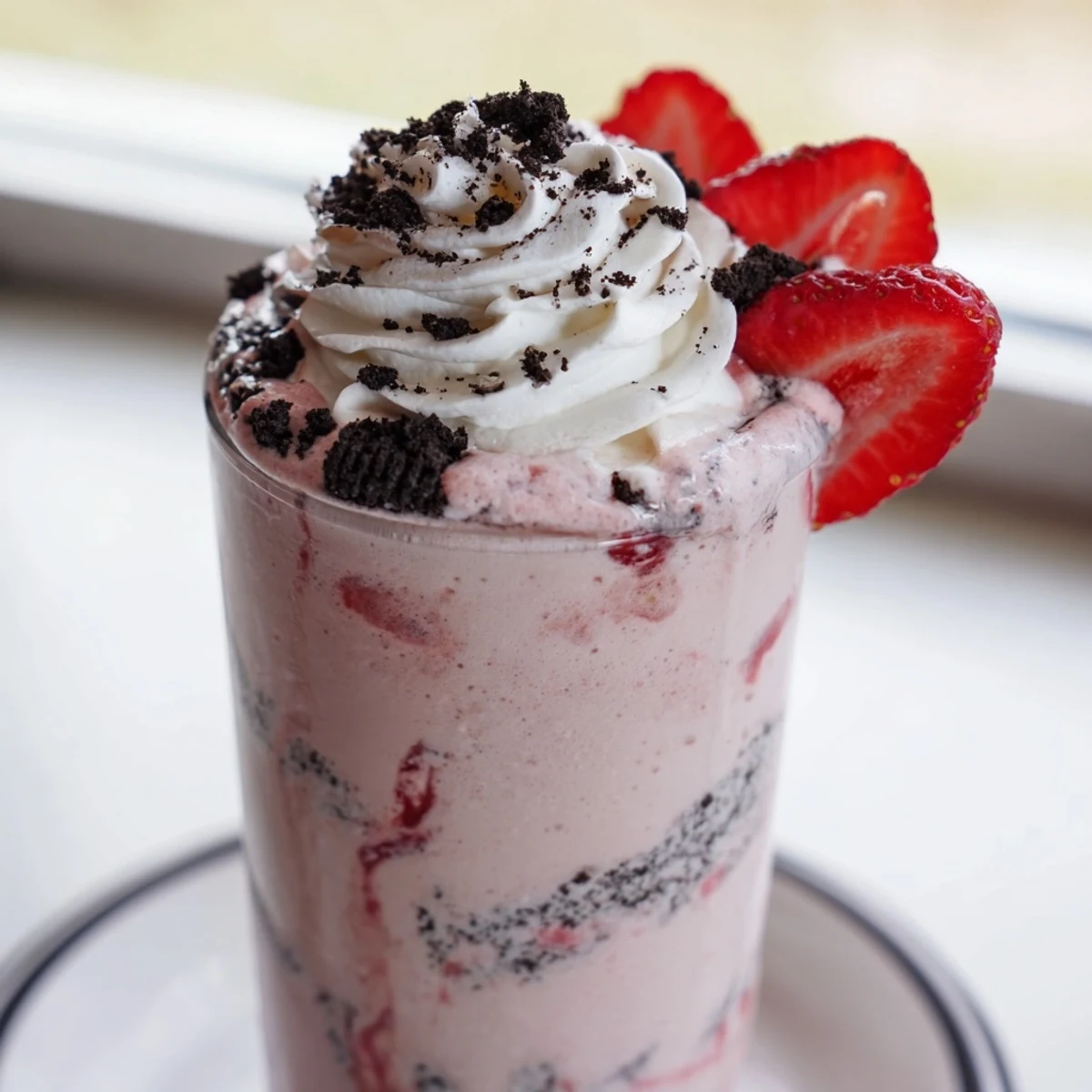 Creamy blended strawberry Oreo milkshake drizzled in a chilled glass with strawberry slices