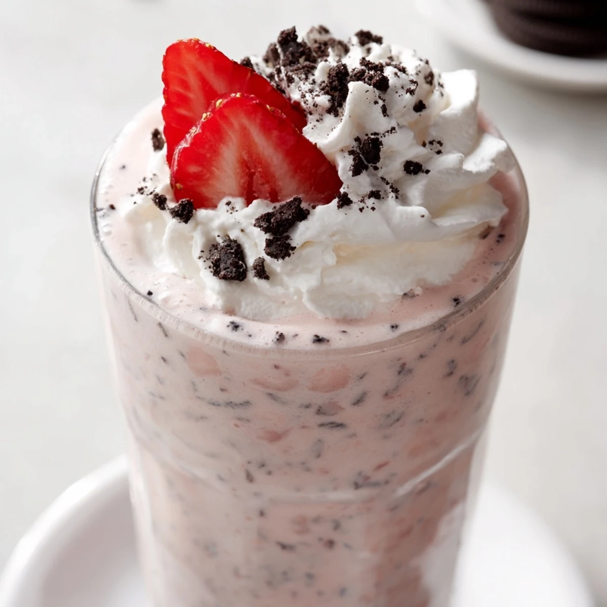 Rich pink strawberry Oreo milkshake garnished with fresh berries and cookie crumbs